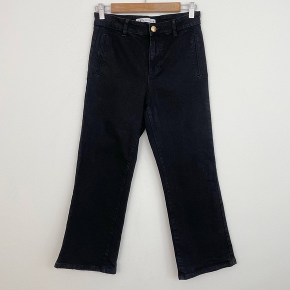 Zara Black High Rise Cropped Wide Leg Jeans Size 4 - Picture 1 of 11